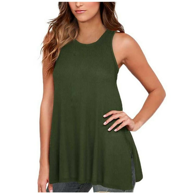 lcziwo Débardeurs Élégants pour Femmes 2024, Débardeurs d'Été pour Femmes, T-Shirt Sans Manches Fluide pour Femmes, Col Rond, Basique Uni, Ample, Vert, TTG