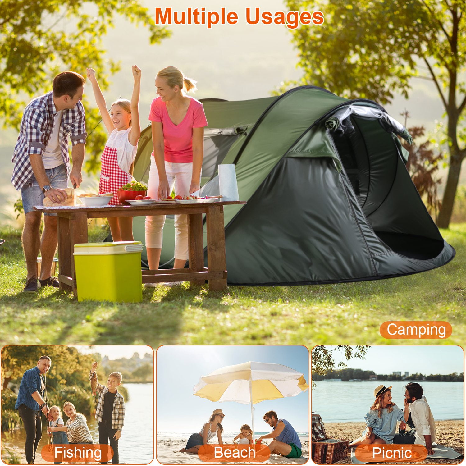 NewHome 5-8 Person Pop Up Tent Automatic Setup Camping Tent Waterproof Instant Setup Tent with 4 Mosquito Net Windows Carrying Bag for Hiking Climbing Adventure Fishing - Green