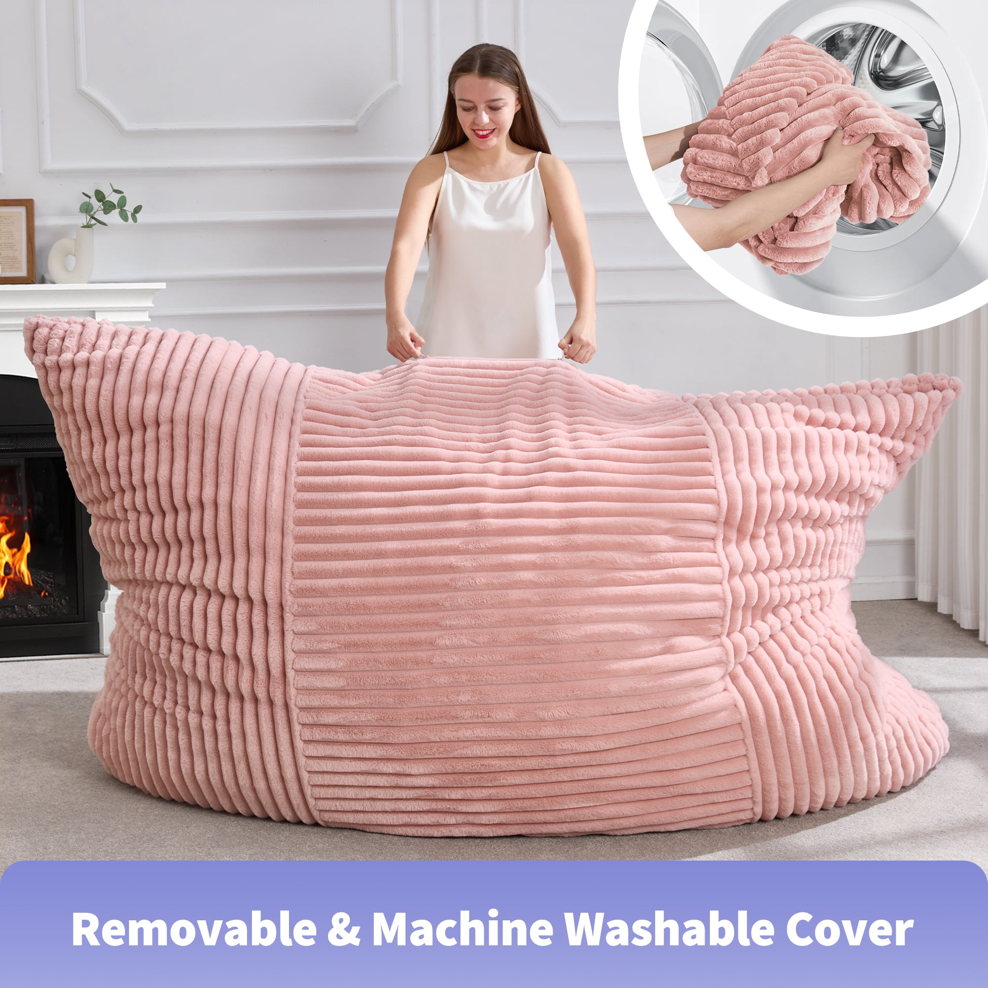Hobestluk 3 in 1 Convertible Giant Bean Bag Chair, Machine Washable Cover Bean Bag Cushion for Adults, Pink