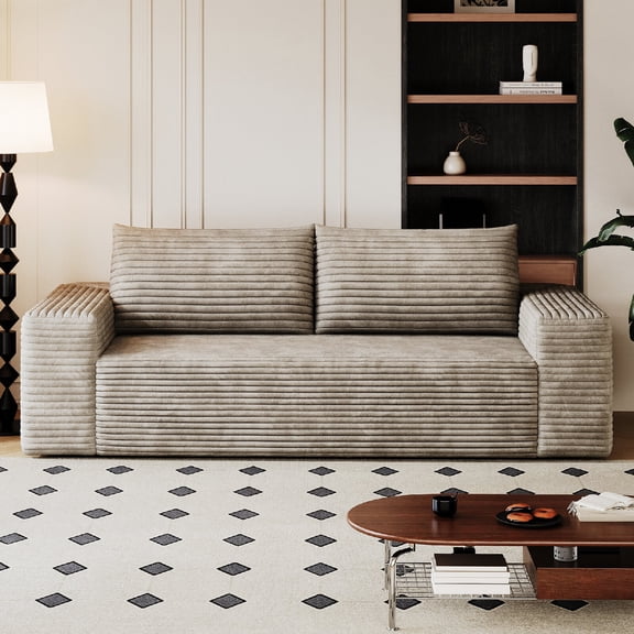 71" Boneless Loveseat Couch Sofa, Comfy Corduroy Fabric Compress Sofa Couch with Deep Seat, 3-Seater Floor Loveseat for Small Space, Living Room, Conference room, No Assembly Required, Camel