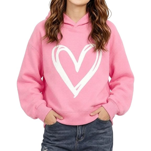 Ohufall 1-10 Years Kids Girls Sweatshirts Hooded Heart Print Long Sleeve Top Casual Loose Comfy Fashion Sweatshirt