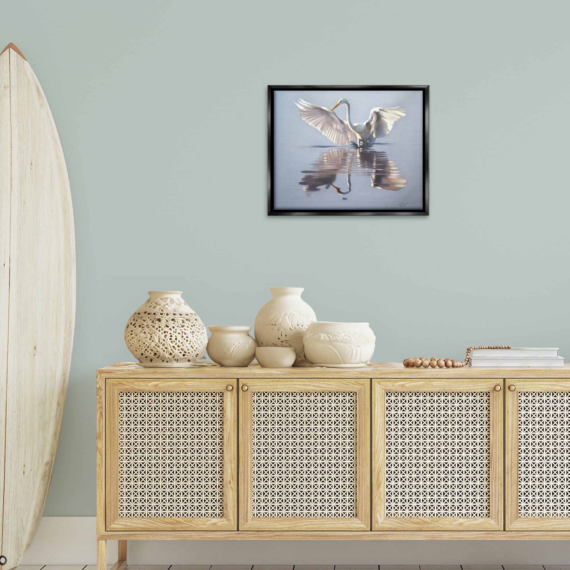 Stupell Industries Egret with Beautiful Wingspan Animals & Insects Painting Black Floater Framed Canvas Art Print Wall Art, 21 x 17