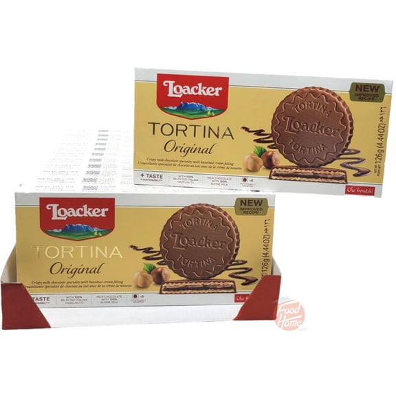 Loacker Tortina original; milk chocolate with hazelnut filling 6 x 21-gram pieces boxes (case of 12)