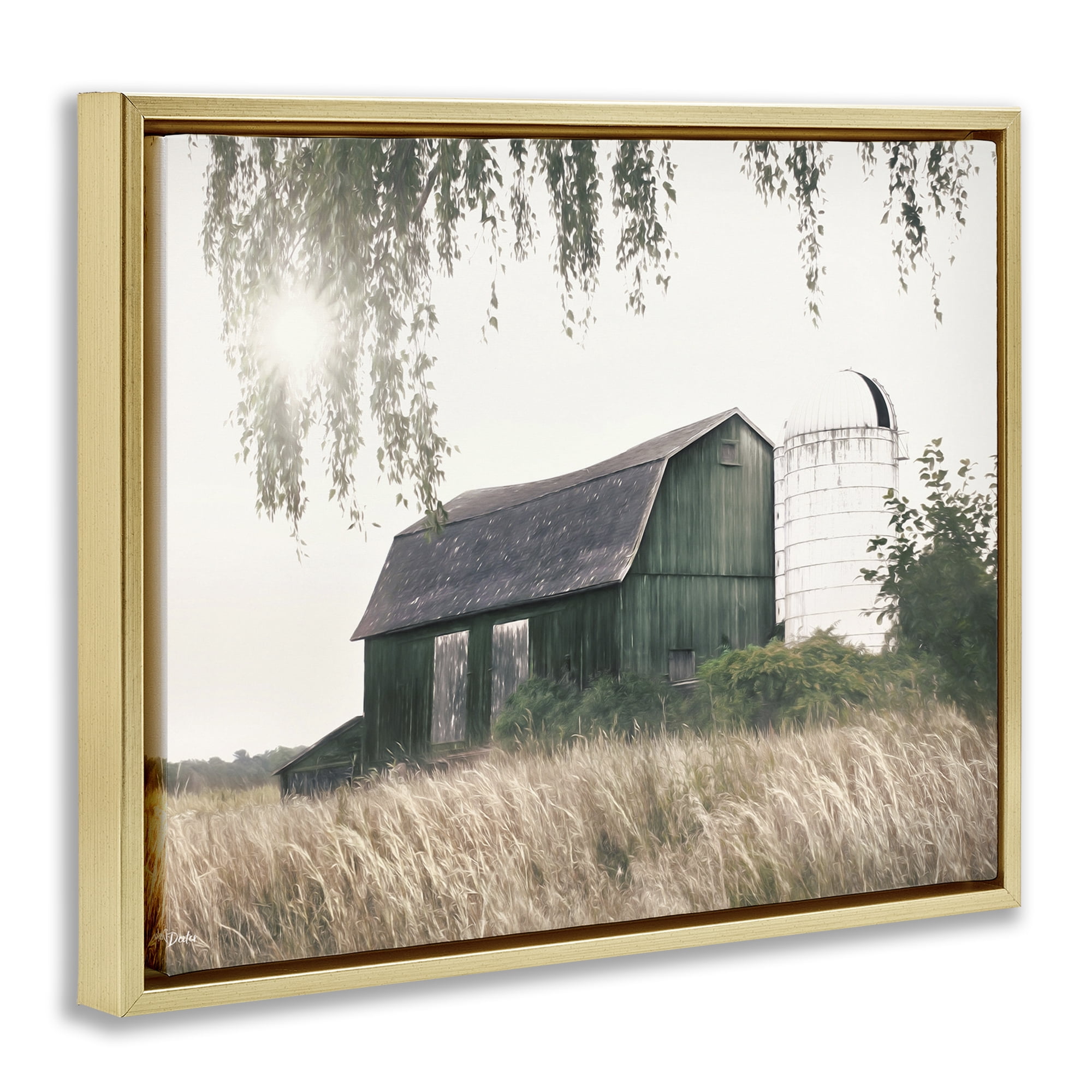 Stupell Industries Green Rustic Barn Landscape Photography Gold Floater Framed Canvas Art Print Wall Art, 31 x 25