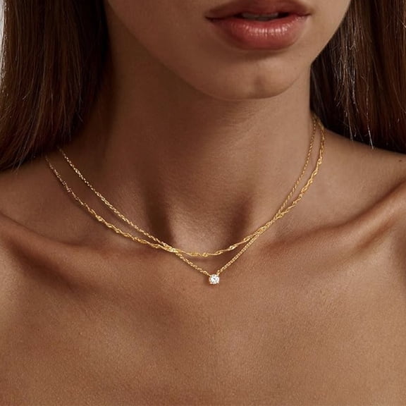 YTTAL Dainty Layered Gold Choker Necklace for Women, 14K Gold Plated Cubic Pendant Necklace, Minimalist Delicate Double Layer Necklace Trendy Jewelry Gifts for Her