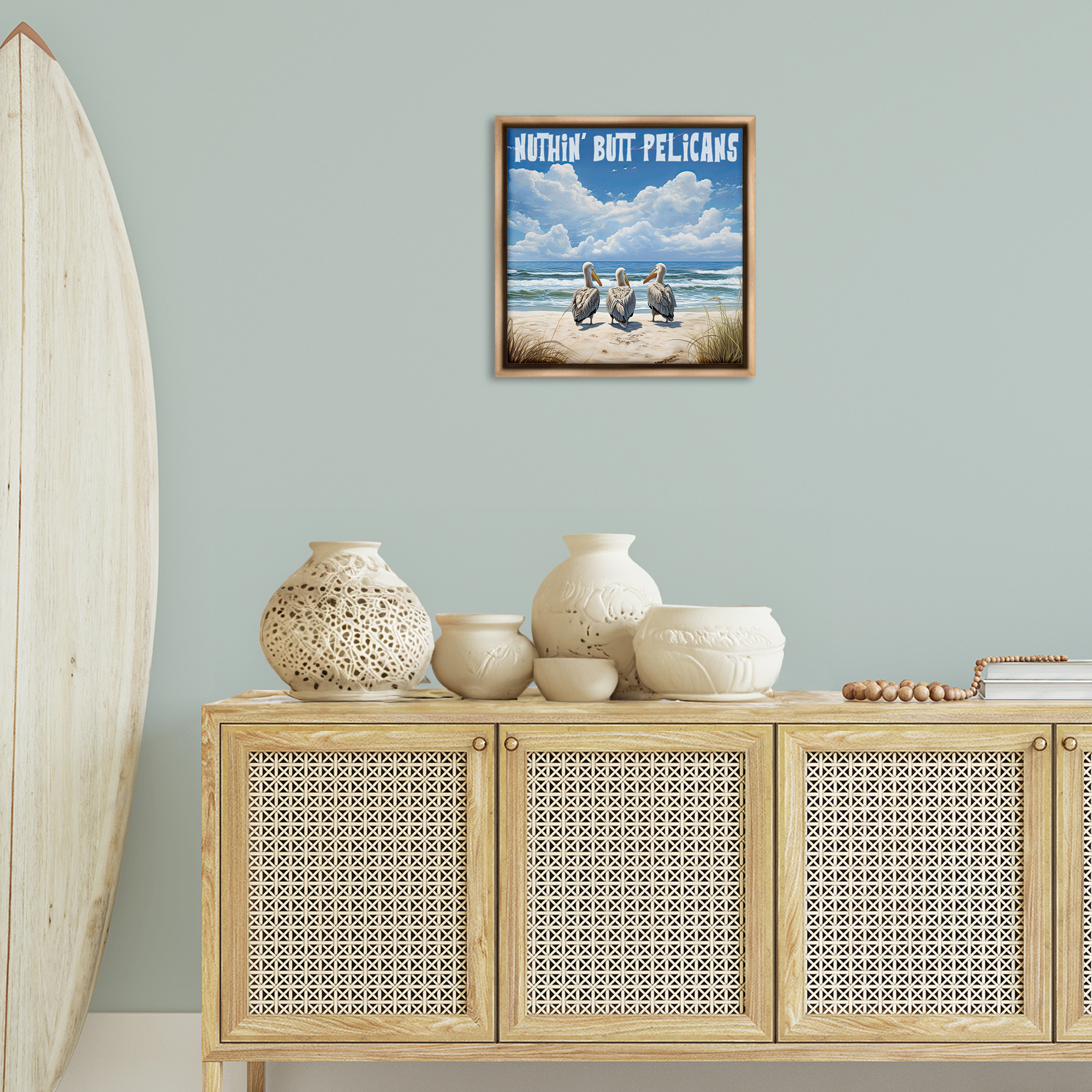 Stupell Industries Nuthin' Butt Pelicans Coastal Painting Brown Floater Framed Canvas Art Print Wall Art, 18 x 18