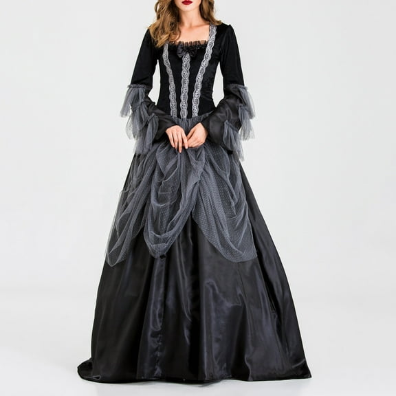 Lilgiuy Women Halloween Gowns Retro Long Sleeve Square Collar Luxury Queen's Floor Length Dress for Stage Party Club Black(S-XL)