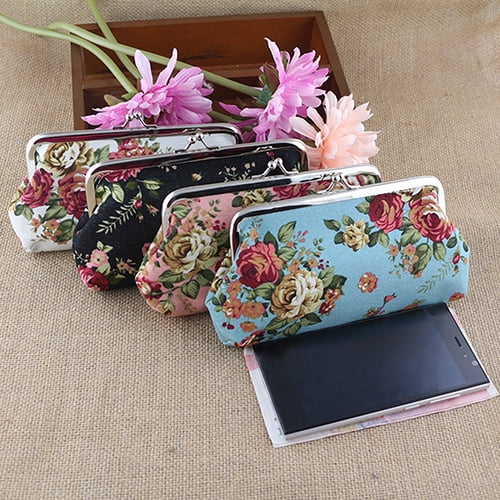 Canvas Cash Coin Purse,Ladybug Flower Print Make Up Bag Zipper Small Purse Wallets