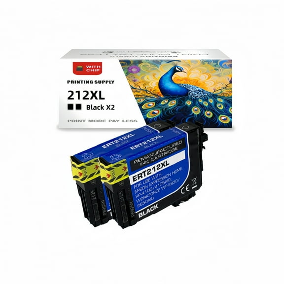 2PK High-Yield Black Ink Cartridge (with Chip) for Epson 212 212XL - Fits Epson WF-2830 2850