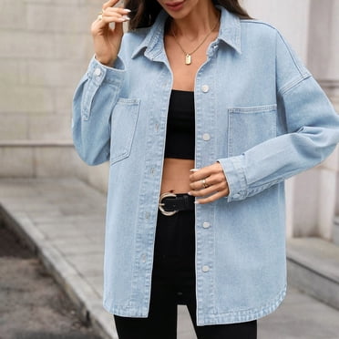 ClodeEU Women's Denim Collar Jacket with Pocket ,Casual Spring Summer Loose Coat Light Blue,Womens Plus M
