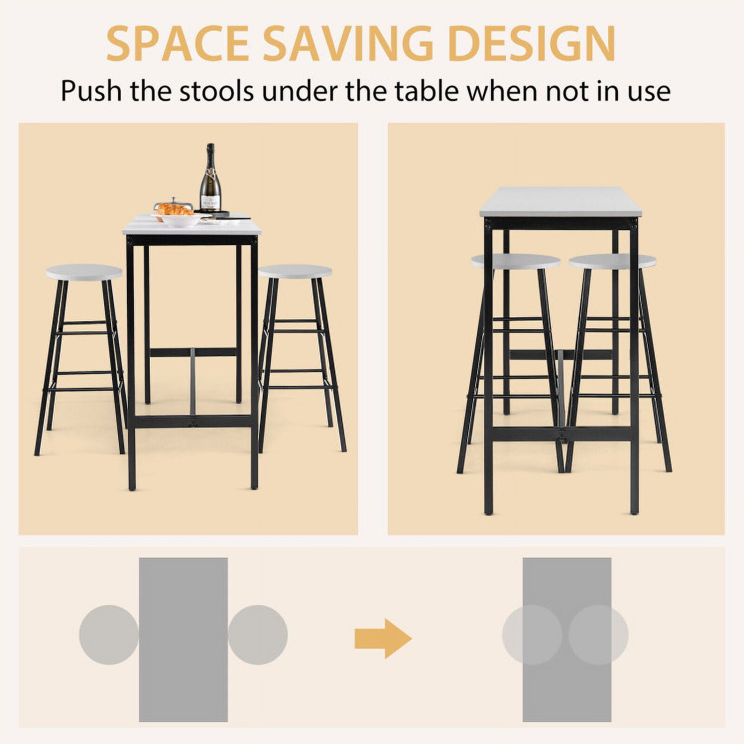 Finihen Dining Set, Dining Table Set, 3 Piece Pub Table and Stools Kitchen, for Home, Restaurant, Black & White Finihen Dining Set, Dining Table Set, 3 Piece Pub Table and Stools Kitchen, for Home, Restaurant, Black & White