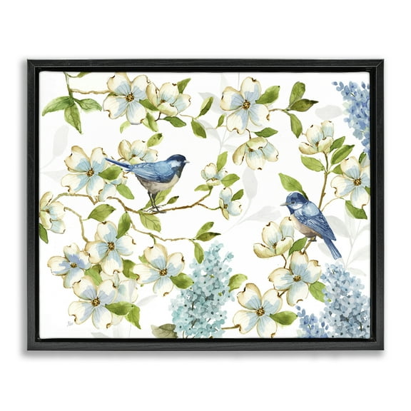 Stupell Industries Dogwood & Bluebirds Plants & Flowers Painting Black Floater Framed Canvas Art Print Wall Art, 21 x 17