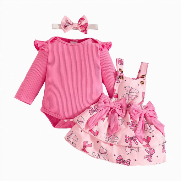Linfrsh Newborn Baby Girl Clothes Infant Romper Floral Suspender Dress Ruffle Long Sleeve Onesie Outfit Jumpsuit Headband Fall Winter, 12-18 Months