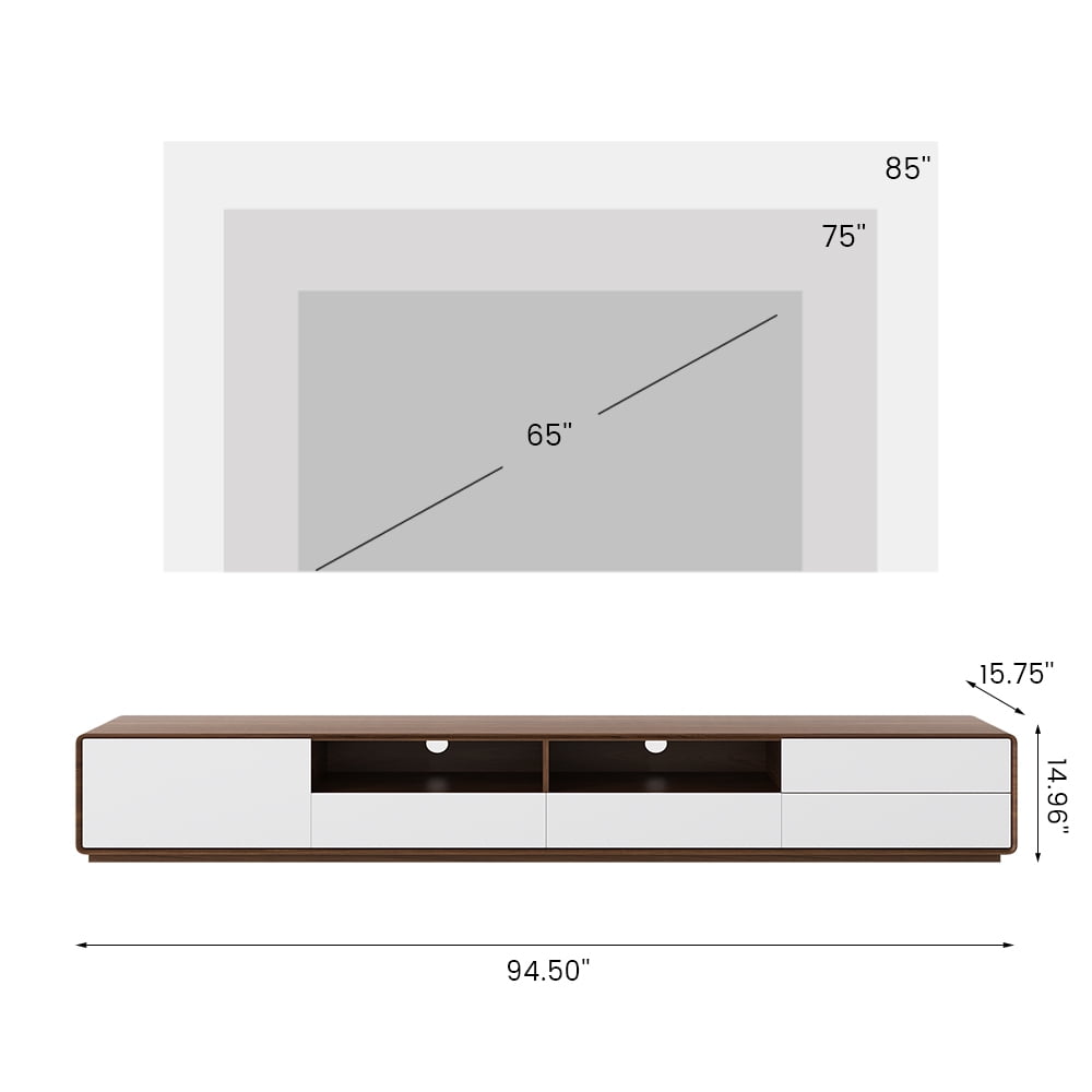 POVISON Modern Wood White TV Stand, Lowline Media Console with 4 Drawers, Open Storage Cabinet, Walnut Veneer, Fully-assembled, 94"