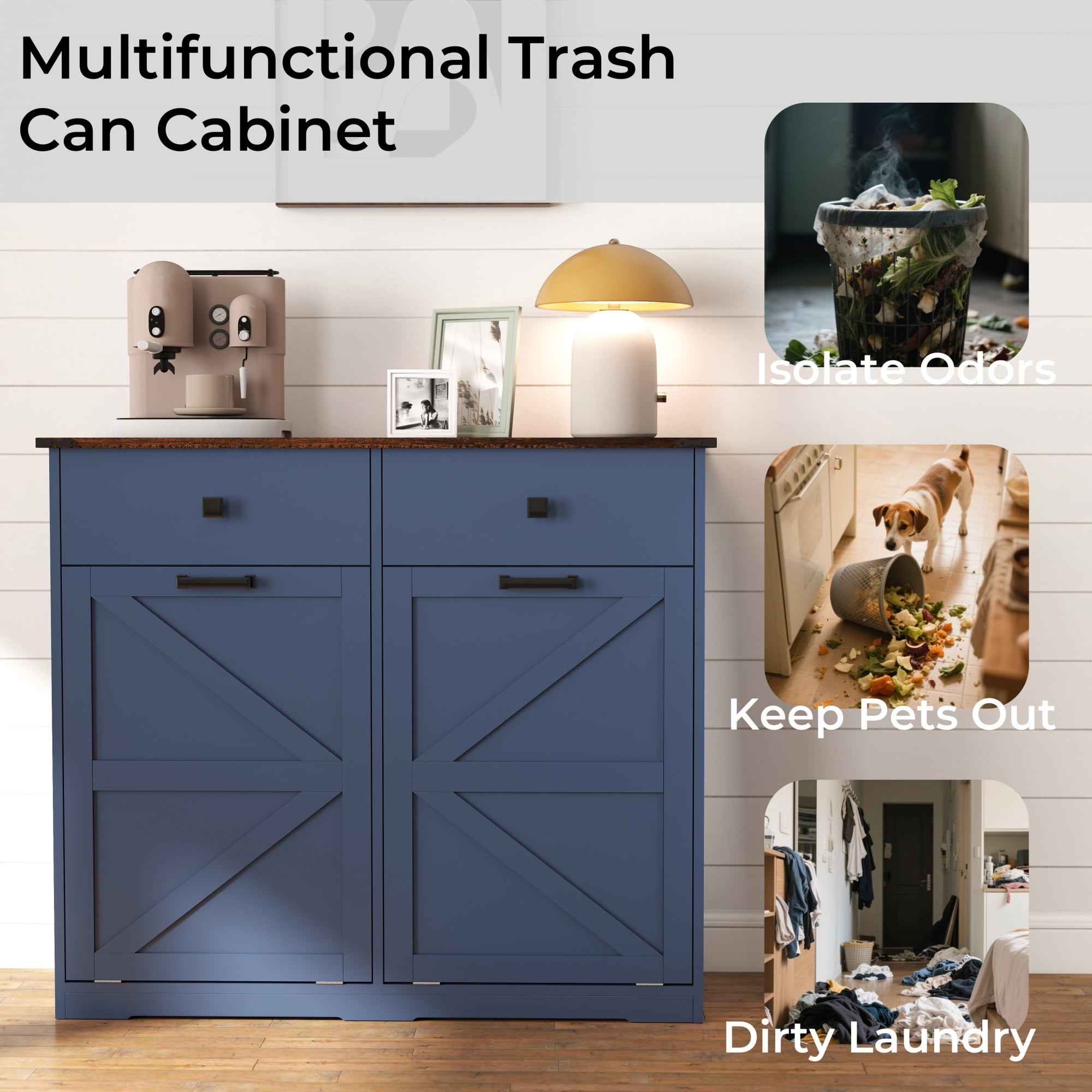 Leumius 20 Gallon Farmhouse Double Tilt Out Trash Cabinet, Free Standing Recycling Cabinet with Hideaway Drawer, Barn Door Style Laundry Sorter Cabinet, Tilt Out Trash Cabinet for Kitchen Blue