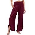 thumbnail image 2 of Linen Palazzo Pants for Women Spring Summer Smocked High Waist Wide Leg Asymmetric Ruffle Hem Flowy Beach Pants with Pockets, 2 of 6