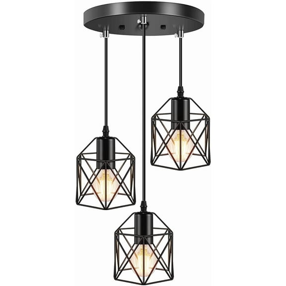 Pendant Light Fixture 3 Lights, Adjustable Hanging Light Fixtures, 3-Light Black Pendant Lighting for Kitchen Island