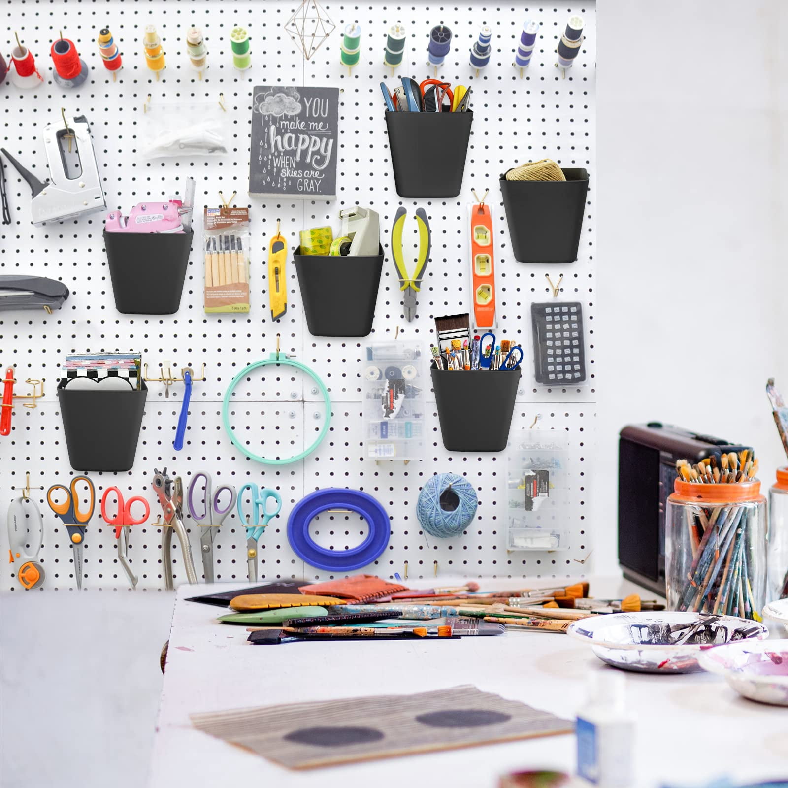 Large Pegboard Cups Peg Board Storage Bin 6 Pack With Hooks  Square Box Shape Cup Holder Accessories For Garage Workbench/craft Room/office/playroom/home Kitchen Organization (black)