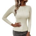 thumbnail image 2 of WNEGSTG Long Sleeve Shirts for Women Ribbed Solid Color Sweater Slim Fitted Knitted Top Pullover Beige, 2 of 3
