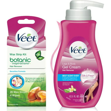 Veet Gel Hair Removal Cream, Legs & Body 13.52 Oz & Botanic Inspirations Wax Strip Kit  Bikini, Underarm, Face 20 Ct,