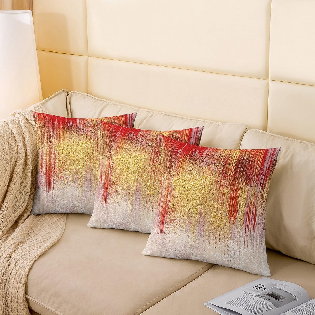 Red Golden Reversible Throw Pillow Covers 16 x 16-Inch Kids Stripes Pillow Covers Home Decor for Boys Geometric Abstract Art Square Cushion Covers Set of 4 Modern Art Geometry