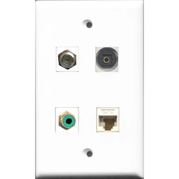 RiteAV 1 Port RCA Green and 1 Port Coax Cable TV- F-Type and 1 Port Toslink and 1 Port Cat6 Ethernet White Wall Plate