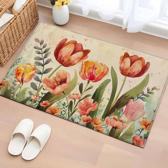 Burnt Orange Spring Floral Bathroom Mats 2x3 FT,Non Slip Small Kitchen Mat,Summer Botanical Tulip Vintage Washable Soft Backed Front Door Throw Rugs Indoor Outdoor Doormats for Entryway Sink