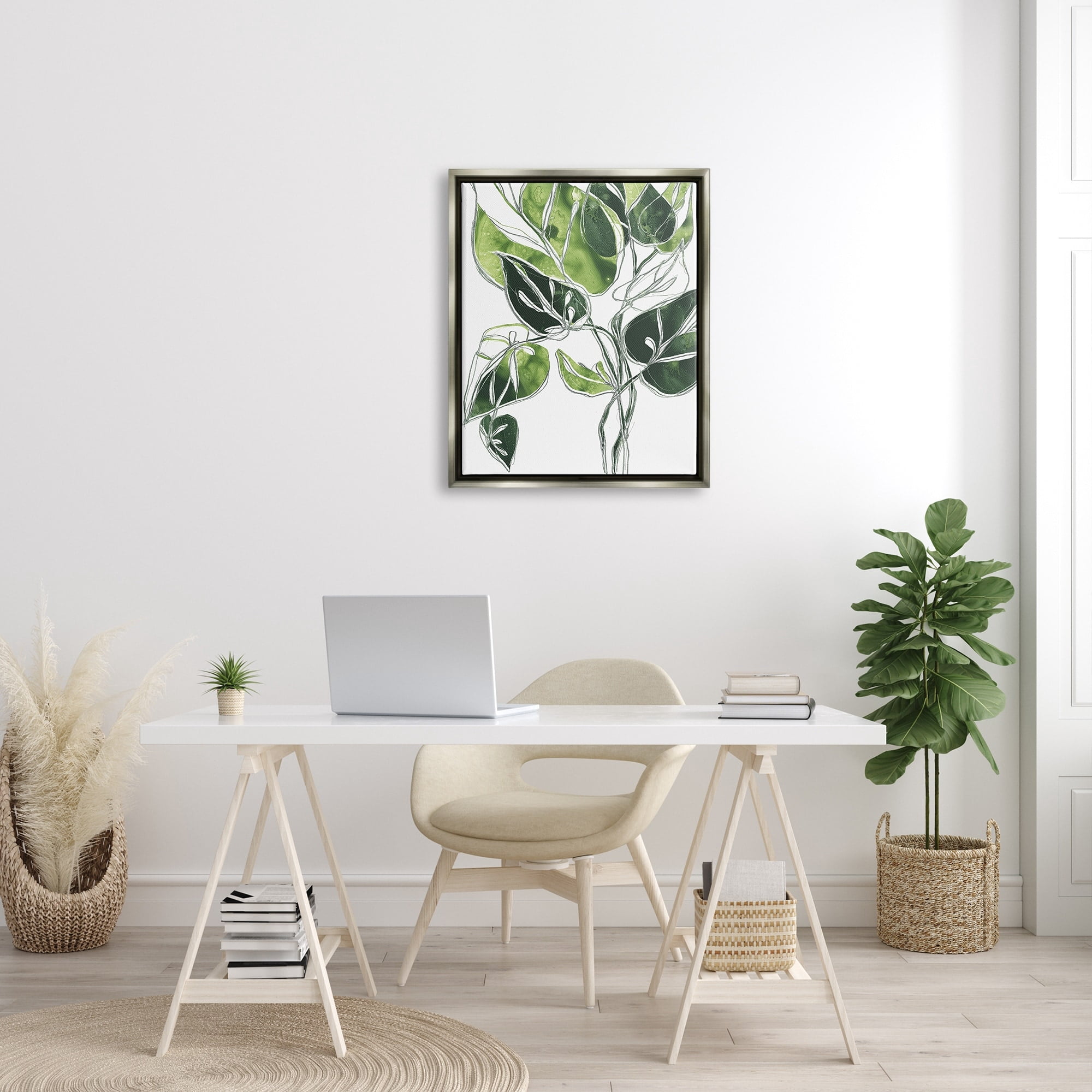 Stupell Industries Intricate Palm Vines Unique Green Leaves Luster Gray Framed Floating Canvas Wall Art, 24x30, by June Erica Vess