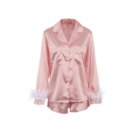 

Ma&Baby Women Satin Silk Pajamas Set Long Sleeve Feather Pjs Sleepwaer Nightwear Loungewear
