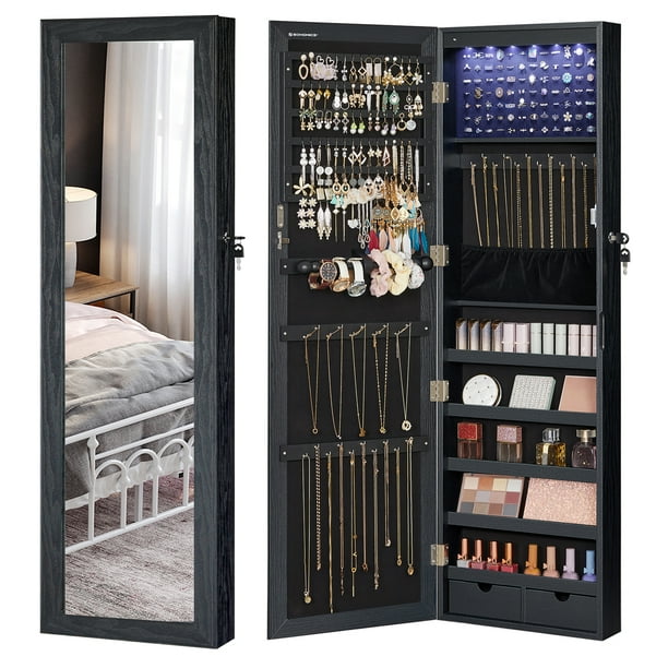 SONGMICS Espejo Joyero LED, 120 cm de Alto con Cerradura, Armario Joyero de Pared o Montado en la Puerta, 10 x 37 x 120 cm, Negro
