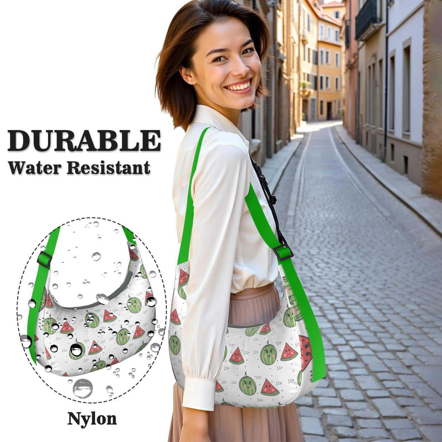 Watermelon Lovers Cute Print Hobo Purse for Women, Summer Fruit Crossbody Tote, Lightweight Water-Resistant Shoulder Bag, Tropical Sunshine Beach Design