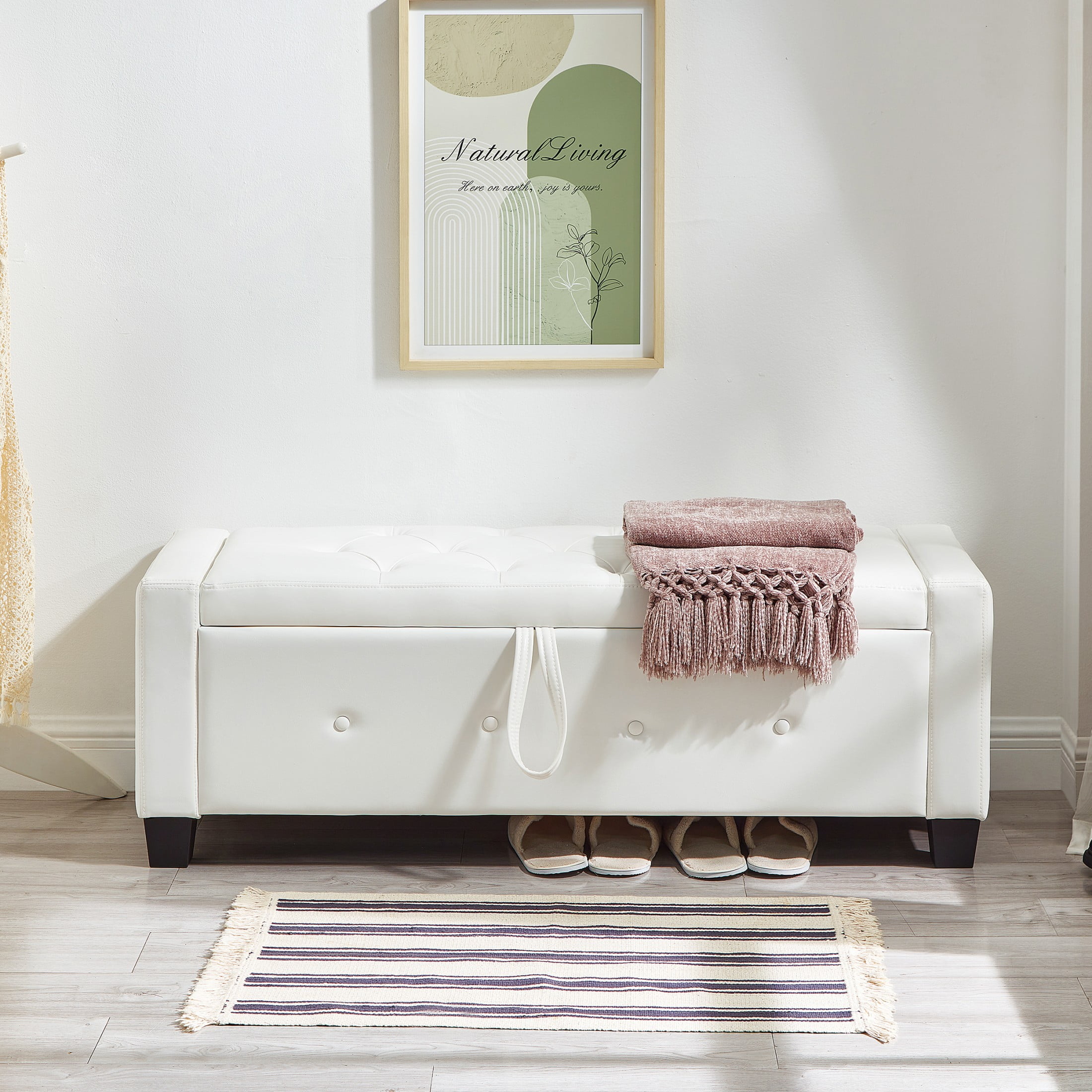 Aukfa 48" Storage Ottoman Bench with Safety Hinges, Upholstered Tufted Faux Leather Bench for Bedroom, Living Room & Entryway, White