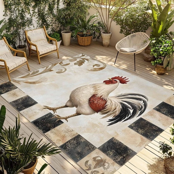 Fsddascl White Vintage Rooster Outdoor Rug for Patio/Deck/Porch, Non-Slip Large Area Rug 4 x 6 Ft, Watercolor Farmhouse Animals Plaid Indoor Outdoor Rugs Washable Area Rugs, Camping Rug Carpet