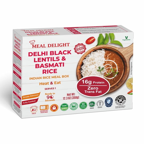 Meal Delight Delhi Black Lentils with Basmati Rice, Indian Ready to Eat Meal with 16g Protein, Vegetarian Microwave Rice Meal, Heat & Eat in 1.5 Minutes, Non-GMO, Shelf-Stable Pouch, 12.3 oz Pack of 6