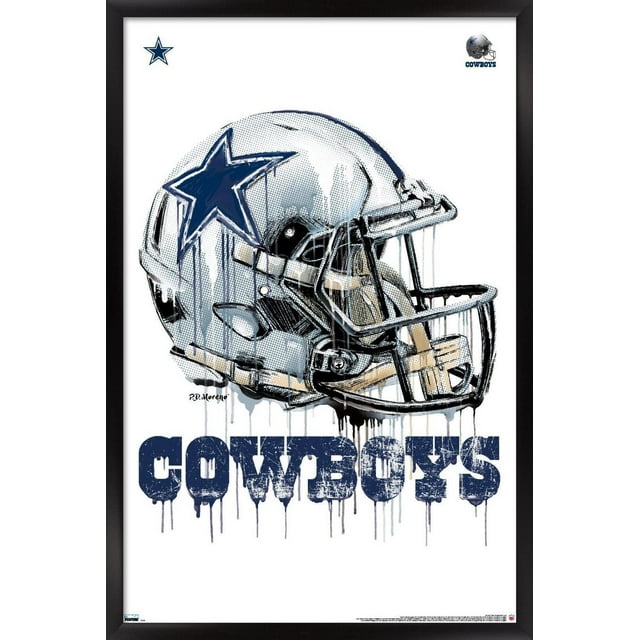 NFL Dallas Cowboys - Affiche Murale « Drip Helmet 20 », 22,375 Po x 34 Po Encadrée Présentant une illustration Artistique Centrée et Orientée vers l'Avant d'Un Casque de football Dallas Cowboys Argenté avec un logo Étoile Bleu Marine et un Masque Facial Noir, avec Effets de Goutte de Peinture sur le Casque et Texte Bleu Marine Usé « Cowboys » en Dessous sur Fond Blanc, Convient à la Déco de la Maison Ou aux Chambres de Fans de Sport.
