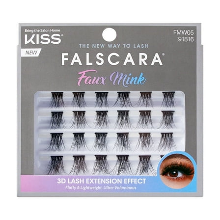 KISS FALSCARA False Eyelashes Lash Extension Kit, Black, Faux Mink, 24 Lash Clusters