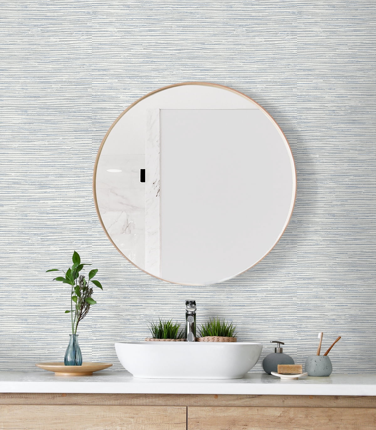 Seabrook Designs Dove Grey & Bluestone Southport Faux Grasscloth Prepasted Wallpaper