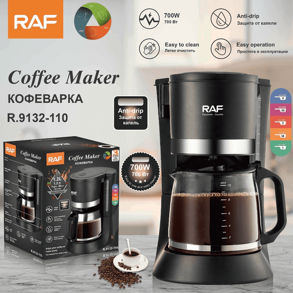10-Cup Drip Coffee Maker, 1.2L Glass Carafe, 700W Compact Coffee Machine with Anti-Drip & Reusable Filter, Black