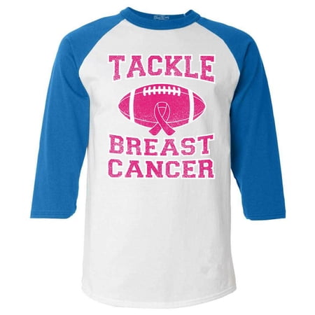 Shop4Ever Men s Tackle Breast Cancer Support Awareness Raglan Baseball Shirt XX-LargeWhite/Blue