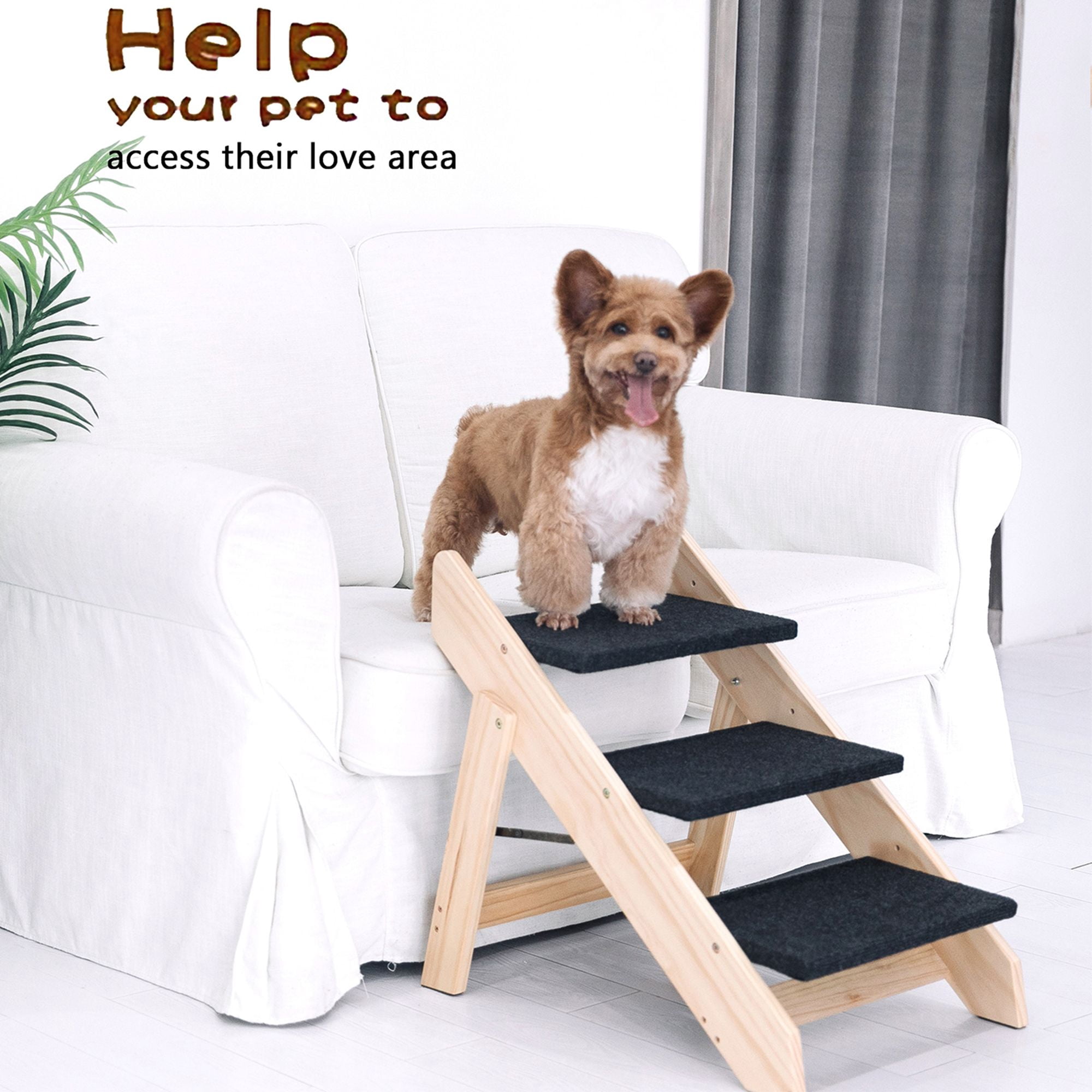 Pefilos Wood Pet Steps, Foldable 3 Steps Dog Stairs and Ramp Perfect for Beds and Cars, Portable Dog/Cat Ladder Up to 110 Pounds, Beige