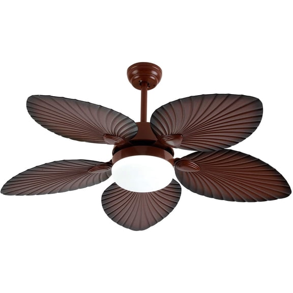 Eapmic Tropical Ceiling Fan Outdoor Downrod Ceiling Fan with Sunset Bowl Light, Five Hand Carved Wooden Leaf Blades for Dining Bed Room Patio Porch (52Inch)