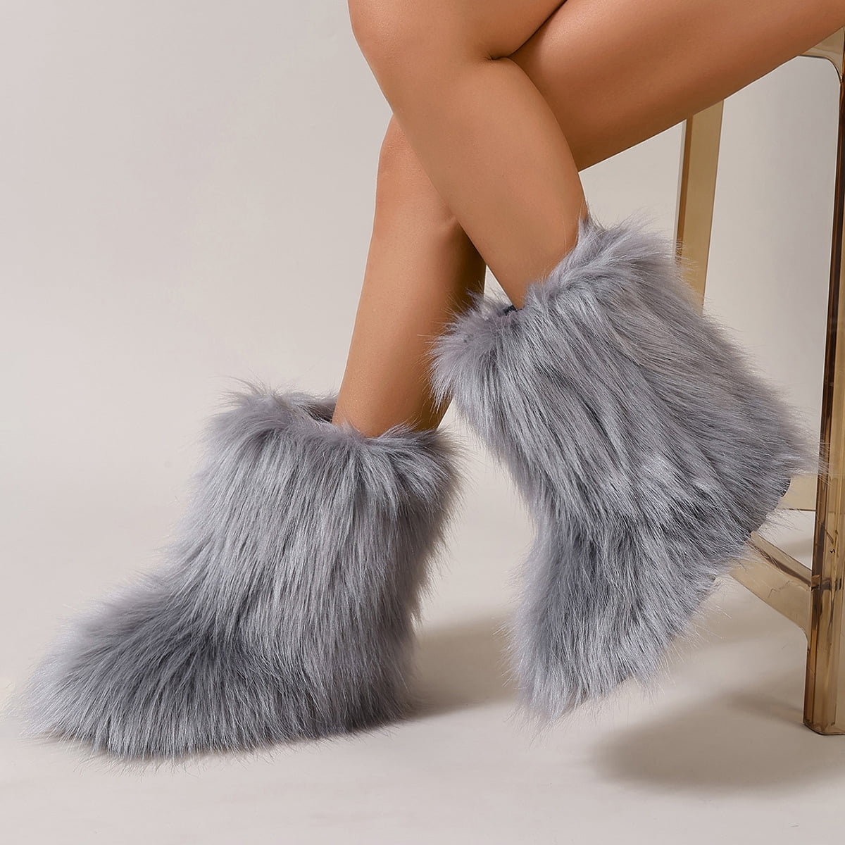 Women's Faux Fur Boot Furry Fluffy Short Snow Boot Mid-Calf Boots
