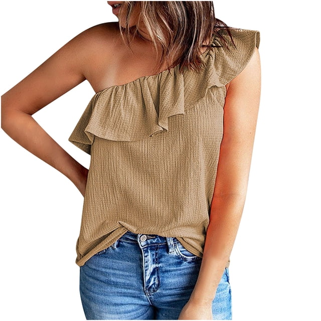 ohmzyzo Womens One Shoulder Tops Ruffled Solid Color Tunic Shirts Summer Sleeveless Loose Tank Top