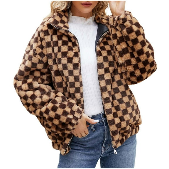 Bcresic Fuzzy Jacket for Womens Faux Fur Zip-Up Coats Furry Lapel Plaid Long Sleeve Jackets Open Front Fluffy Winter Coat 2025 Trendy Warm Outerwear(Brown,M)