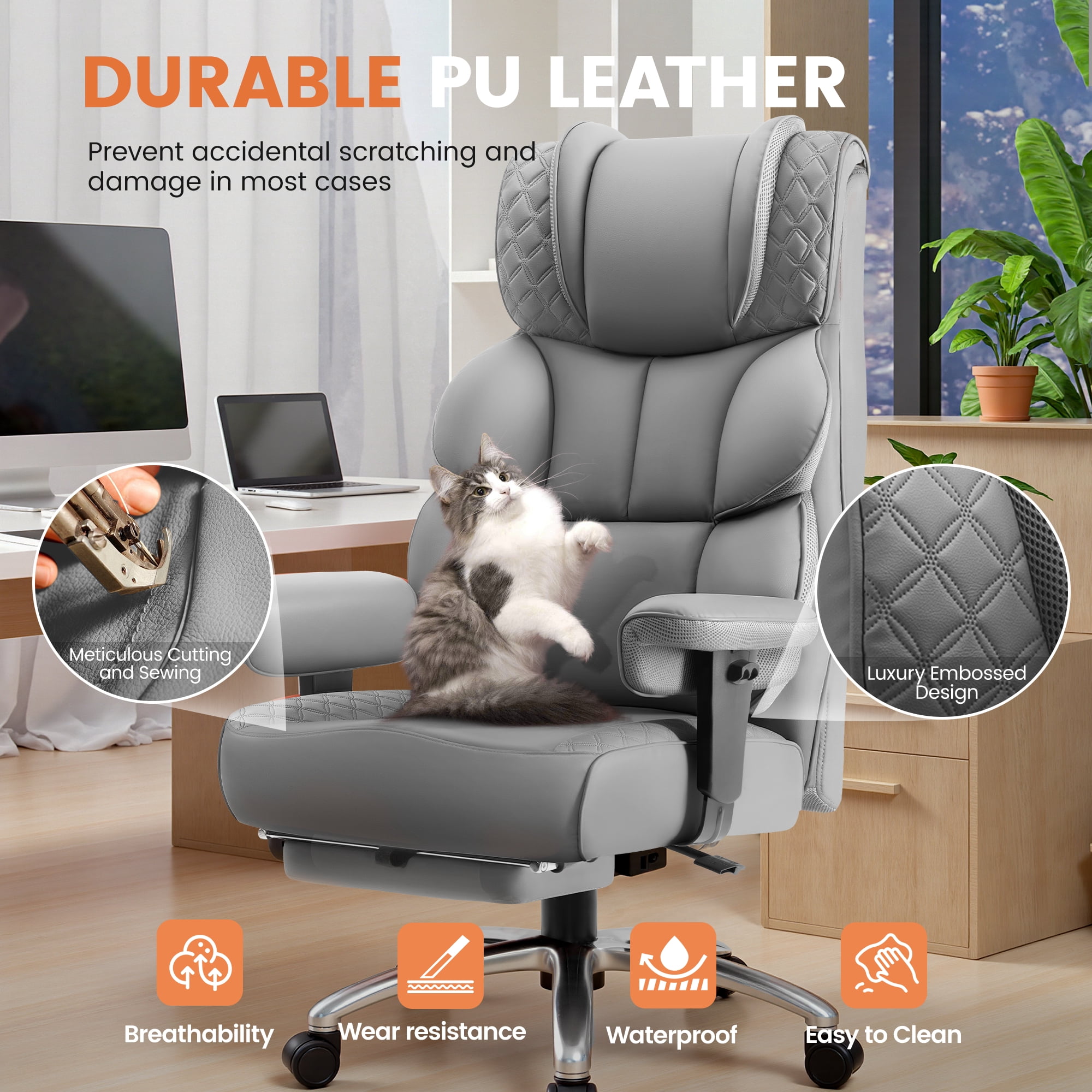 CoolHut Big and Tall Office Chair 400LBS, Adjustable Headrest Ergonomic Computer Desk Chair, Executive Leather Chair with Adjustable Armrest, High Back Office Chair Havy Duty Design, Gray