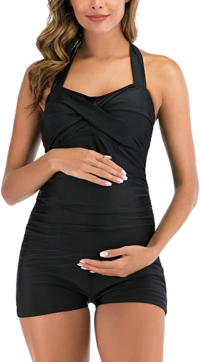 EastElegant Maternity One Piece Swimwear Retro Halter Swimsuit with Boyleg Pregnancy Bathing Suits Boyshort Black L