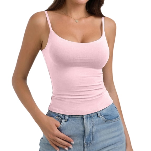 Women's Double Lined Basic Tank Top Adjustable Spaghetti Straps Sleeveless Camisole Shirts Pink S