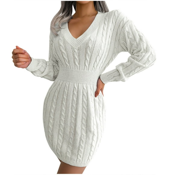 Sexy Sweater Dress Womens Autumn and Winter V-Neck Waist Bag Hip Knitted Sweater Dress Womens Dress Clothes Womens Winter Clothes