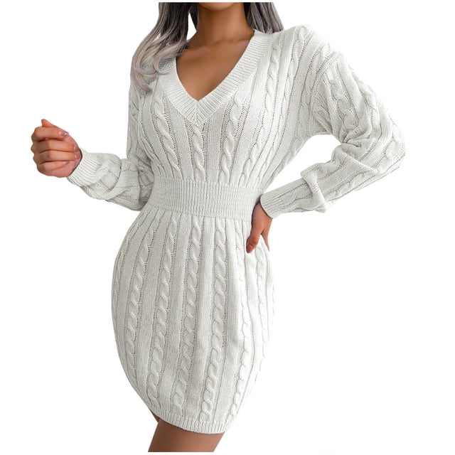 Robe Pull pour Femmes Manches Longues Col en V Couleur Unie Mini Robe Tricotée Épaisse Extensible Douce Robe d'Hiver