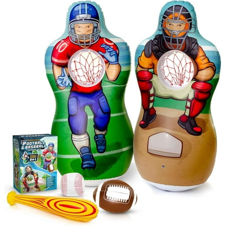 Inflatable Double-Sided Baseball & Football Target Set - Blow Up Toy with Soft Football, Baseball & Inflatable Bat - Fun Toss Games for Indoor, Outdoor, Backyard & Party Favor - 5 Feet